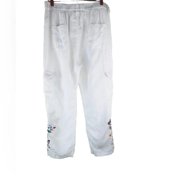 Johnny Was MARIPOSA White Linen Embroidered Cargo Pant Size Large - Picture 5 of 7